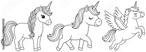 Unicorn illustration with three cartoon designs in vector style including braided mane, walking pose and winged flying character created as outlined line art