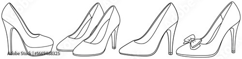 High heels illustration with three pairs of elegant women’s shoes in vector style designed as simple fashionable outlines created as clean line art