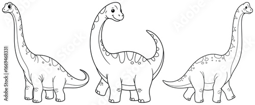 Brontosaurus dinosaur vector illustration in cartoon outline style featuring three cute long neck dinosaurs designed for kids and educational projects