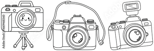 Camera illustration with three cartoon vector designs including DSLR with flash, compact camera with strap and mirrorless model drawn as clean line art