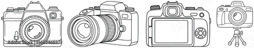 Camera illustration with four cartoon vector designs including DSLR with zoom lens and compact models on tripods drawn as clean outlined line art