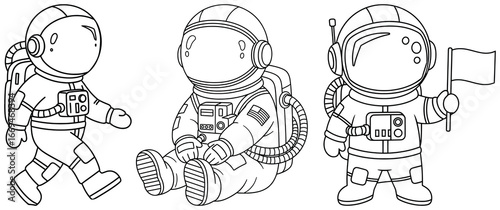 Astronaut vector illustration of three cute spacemen in helmets and spacesuits including one walking, one sitting, and one holding a flag in cartoon style