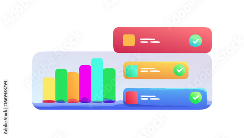 Dynamic bar graph showing positive growth with checklist providing confirmation for success, a modern data visualization for business reports and presentations conveying achievement