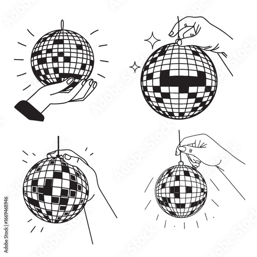 hand holding disco ball vector icons set
