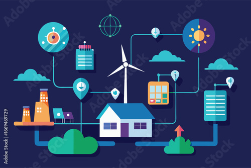 Smart Home Energy Network with Wind Turbine and Solar Power Illustration