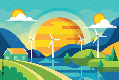 Sustainable Energy Landscape with Wind Turbines and Modern House Illustration