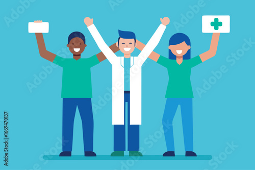 Happy Healthcare Workers Celebrating Success in a Flat Vector Illustration