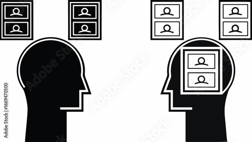 Two heads facing each other with images and one head containing the images inside the head shape