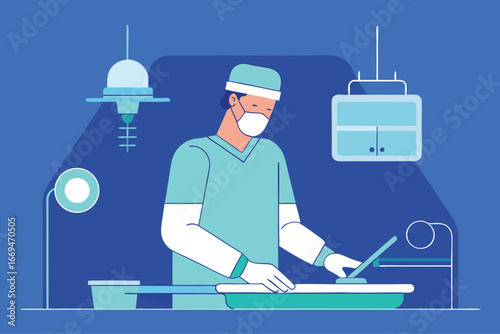 Surgeon in Operating Room Preparing for Surgery with Medical Equipment