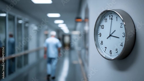 Time in The Hospital: A striking visual featuring a wall clock mounted in a long hospital corridor. A single person walks down the hallway. It portrays the concepts of medical care, time management.