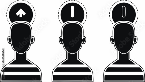 Three figures with striped shirts and symbols above their heads indicating different states of mind