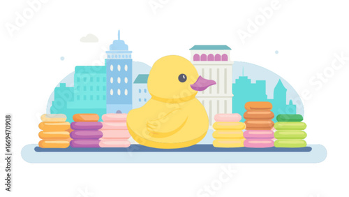 Whimsical cityscape featuring a playful rubber duck and colorful stacked macarons, perfect for adding a touch of fun and charm to any design project, showcasing creativity and joy
