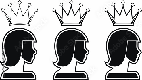 Three stylized woman profiles each adorned with a unique crown in a simple black and white design style