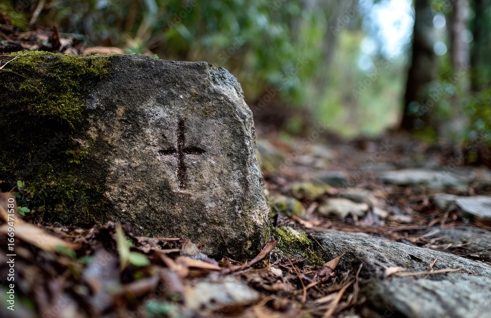Fototapeta premium Cross marking hiking trail through lush forest landscape