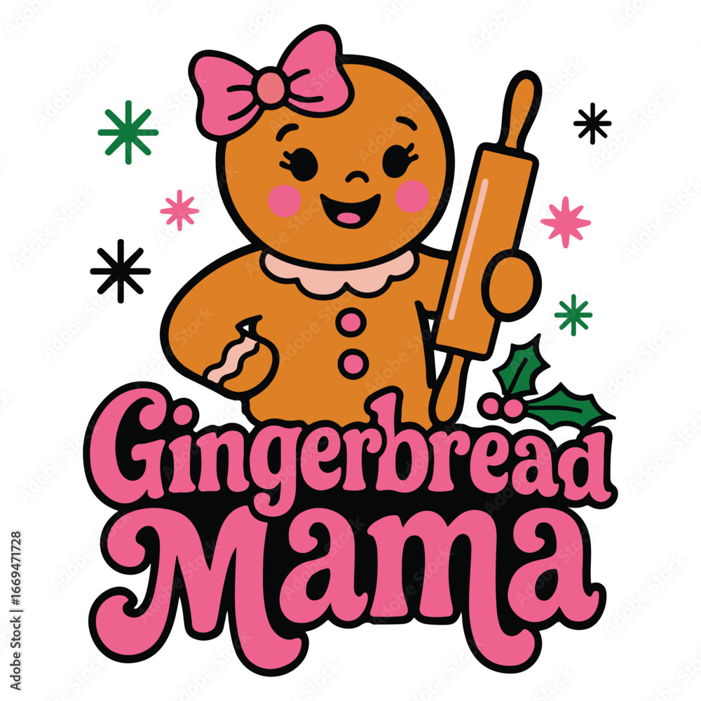 Fototapeta premium Gingerbread Mama - Retro christmas magic T-shirt, merry christmas clipart, wizard christmas shirt, funny santa claus illustration, xmas vintage shirt 