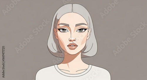 Flat vector portrait of a woman, minimalist lines, neutral color palette, stylized features.

