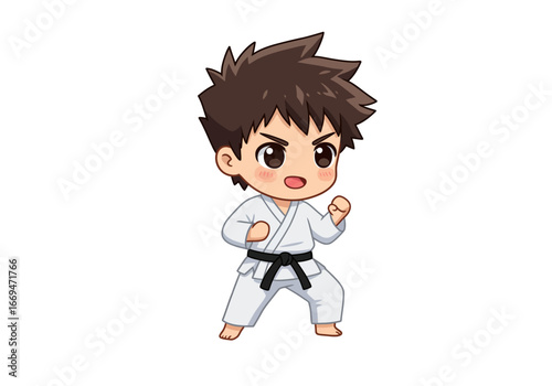 A cartoon character in a karate uniform with a black belt standing in a fighting stance
