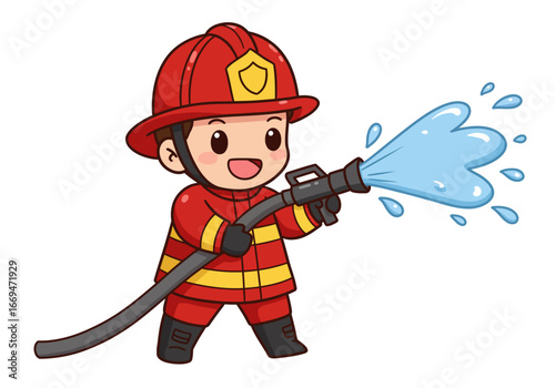 A cartoon firefighter in red uniform sprays water from a hose