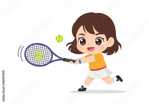 A cartoon girl hitting a tennis ball with a tennis racket