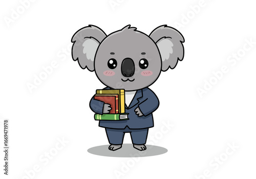 A cartoon koala wearing a blue suit is holding three books