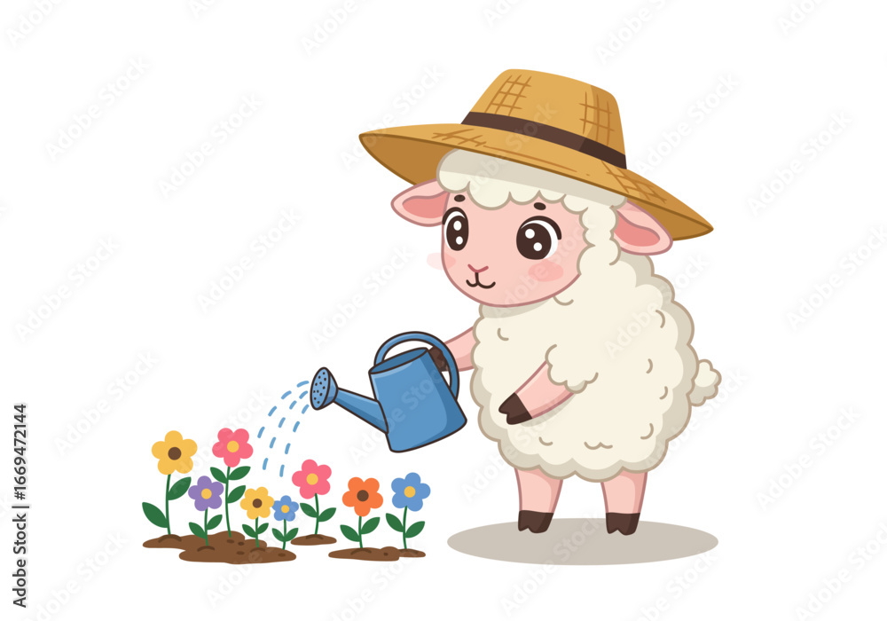 Naklejka premium A cartoon sheep wearing a hat waters a flower garden with a blue watering can