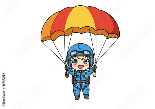 A cartoon skydiver with a parachute is smiling and holding onto the parachute strings