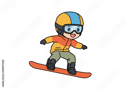 A cartoon snowboarder in helmet  goggles rides a snowboard
