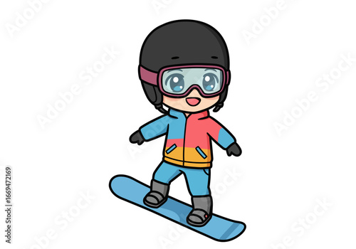 A cartoon snowboarder with helmet and goggles is riding a blue snowboard