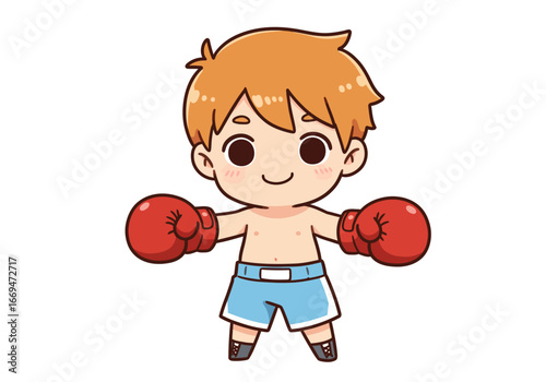 Cartoon boxer with orange hair wearing red gloves and blue shorts