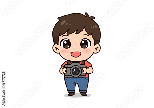 Cartoon boy holding a camera wearing red shirt and blue pants