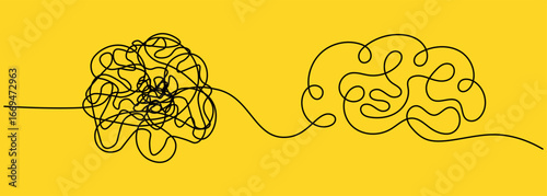 Tangled line transforming into organized shape of brain, symbolizing problem solving, clarity from confusion, creativity, mental health, therapy, communication, and mindfulness. Untangle and brain