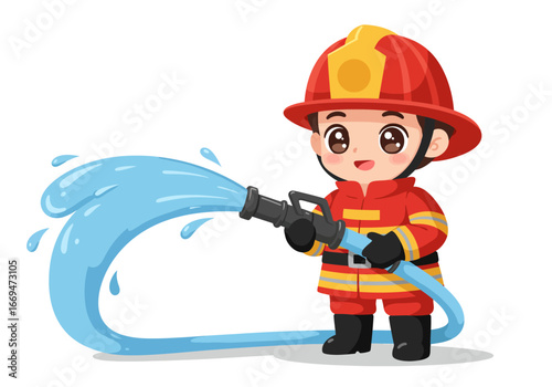 Cartoon firefighter with hose squirting water