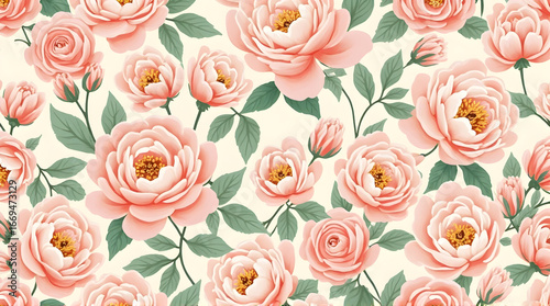 Wallpaper Mural Floral Pattern with Pastel Peach Roses and Green Leaves Torontodigital.ca