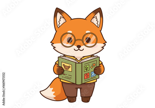Cartoon fox wearing glasses reading a book