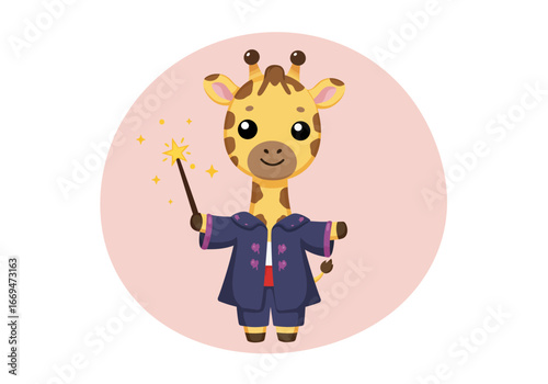 Cartoon giraffe wizard with a wand wearing blue robes