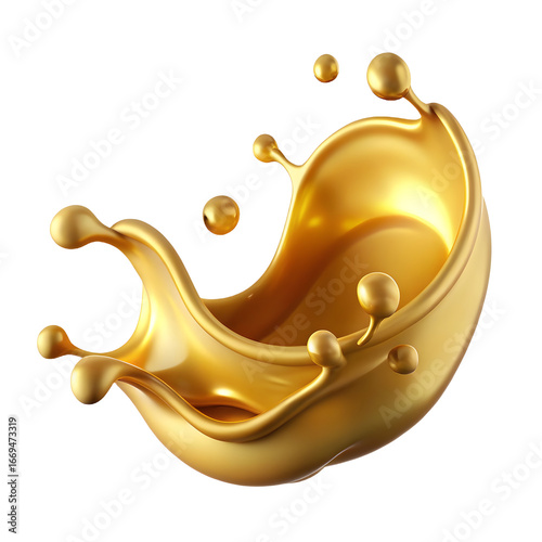 Golden Liquid Splash with Dynamic Motion and Glossy Surface on Transparent Setting