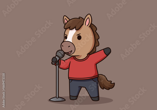 Cartoon horse stands at mic in red shirt and dark pants performing standup comedy