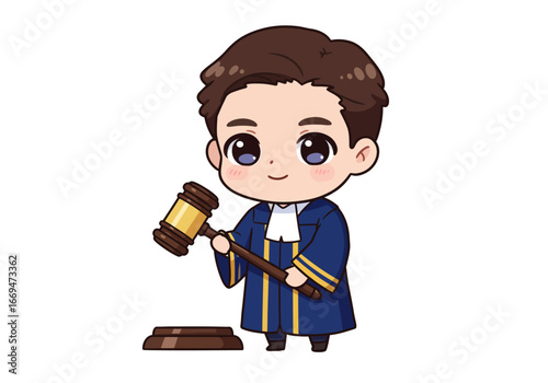 Cartoon judge holds a gavel near a sound block
