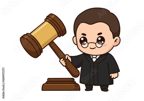 Cartoon judge holds a gavel wearing a robe and glasses with a cute stylized appearance
