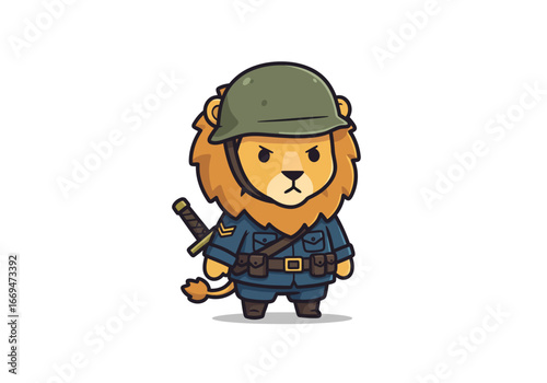 Cartoon lion soldier stands stoically in a helmet and uniform sword at his side