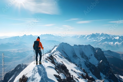 A climber stands on a snowy mountain peak, enjoying the bright sunlight.