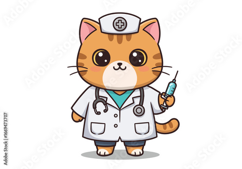 Cartoon orange cat doctor holding syringe wearing lab coat stethoscope and nurses cap