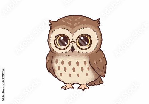 Cartoon owl with brown plumage  gold eyeglasses stands against a blank white background