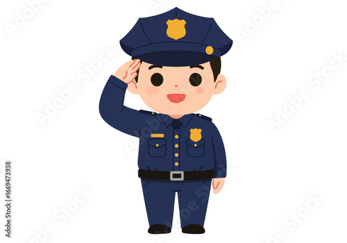 Cartoon policeman with dark hair saluting while wearing a dark blue uniform and hat