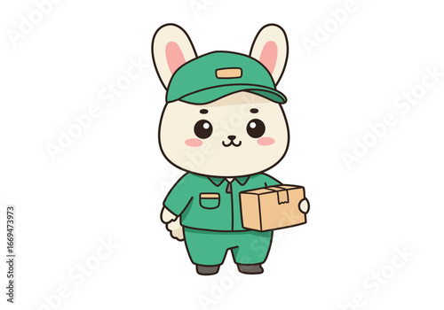 Cartoon rabbit courier green uniform cap holding a box rosy cheeks cute