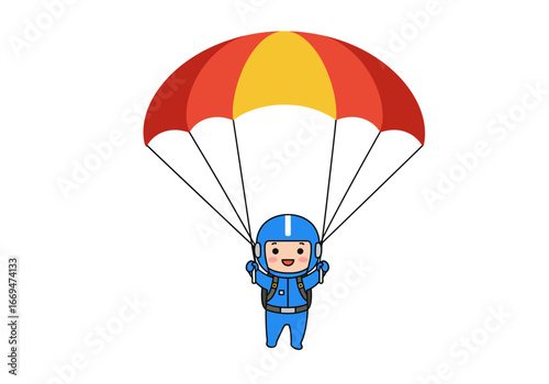 Cartoon skydiver under a red  yellow parachute outlined in black