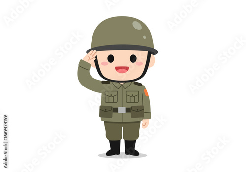 Cartoon soldier saluting wearing olivegreen uniform  helmet with smiling face