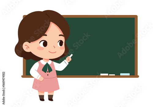 Cartoon teacher with chalk stands next to a green chalkboard