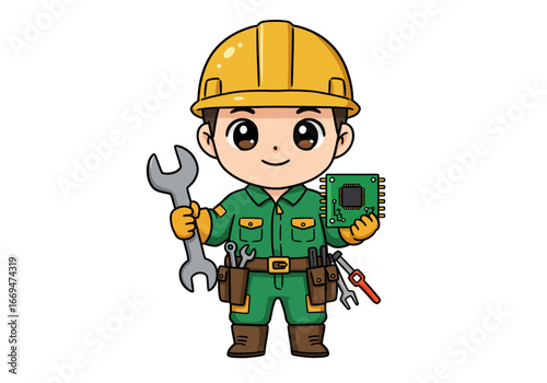 Cartoon worker in a yellow hard hat holds a wrench  a circuit board wearing a green jumpsuit  a tool belt