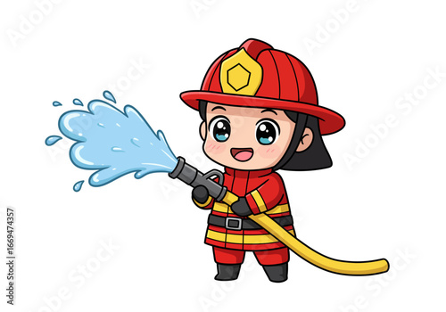 Cartoonstyle firefighter spraying water with a hose